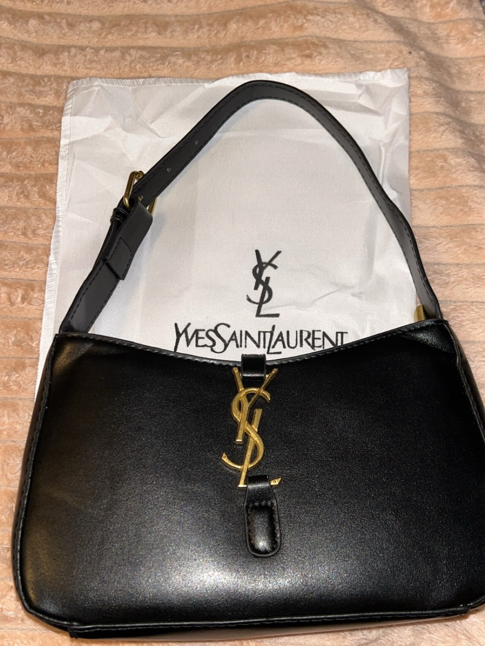 Yves Saint Laurent Black Leather Shoulder Bag with Gold YSL Monogram